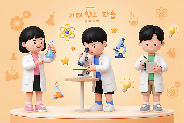 PSD 편집이미지 교육 어린이 과학 모션 미래 현미경 실험 소녀 소년 학습 도구 액체 실험실 삼각플라스크 창의력 편집3D 여자 남자 컨셉 실험기구 사람 3D 플라스크 파일형식