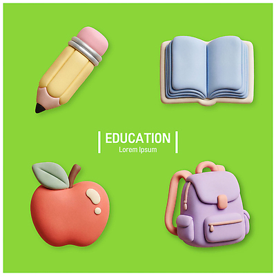 PSD 편집이미지 교육 가방 책 학습 연필 사과 오브젝트 아이템 편집3D 잡화 과일 학용품 필기구 3D 파일형식