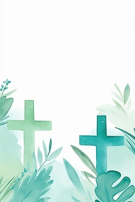 JPG 식물 기독교 종교 백그라운드 십자가 잎 일러스트 자연 수채화 청록색 카피스페이스 국내일러스트 AI일러스트 AI콘텐츠 컬러 공백 생태계 파일형식