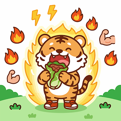 동물 캐릭터 음식 일러스트 불꽃 육류 웃음 잔디 귀여움 힘 호랑이 먹기 즐거움 그림 국내일러스트 AI파일 식물 감정 컨셉 식재료 포유류 모션 불 표정 파일형식 벡터