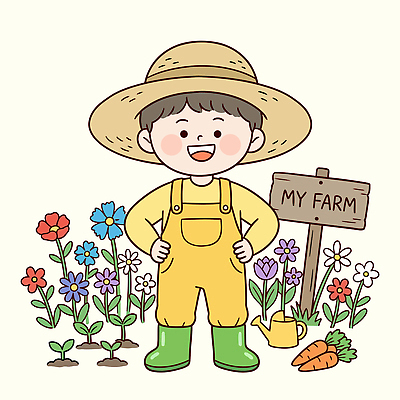 식물 꽃 어린이 채소 일러스트 작업복 웃음 농장 정원 당근 물뿌리개 농부 즐거움 기르기 국내일러스트 AI파일 직업 옷 감정 농업 뿌리채소 표정 사람 돌봄 파일형식 벡터