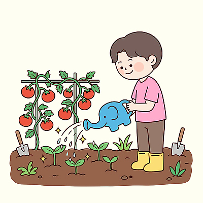 식물 어린이 농업 토마토 채소 일러스트 모션 자연 야외 일상 농사 물뿌리개 농부 물주기 텃밭 국내일러스트 AI파일 직업 산업 밭 사람 라이프 생태계 파일형식 벡터