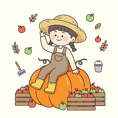 어린이 잎 과일 일러스트 호박 장화 웃음 상자 농장 농사 수확 작업 사과 농부 농기구 국내일러스트 AI파일 식물 직업 신발 농업 채소 표정 사람 파일형식 벡터