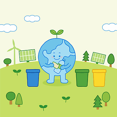 나무 식물 캐릭터 지구 일러스트 자연 태양 환경 재활용 풍력에너지 쓰레기 에코 친환경 태양에너지 집열판 풍력기 탄소제로 국내일러스트 AI파일 자연요소 그린에너지 생태계 파일형식 벡터