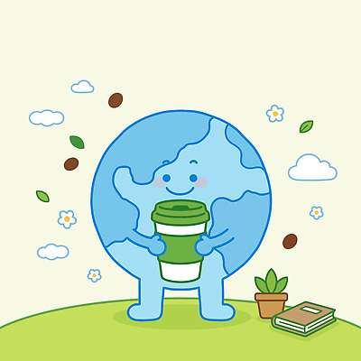식물 캐릭터 꽃 화분 지구 일러스트 웃음 컵 환경 커피잔 친환경 탄소제로 국내일러스트 AI파일 식기 커피 잔 표정 파일형식 벡터