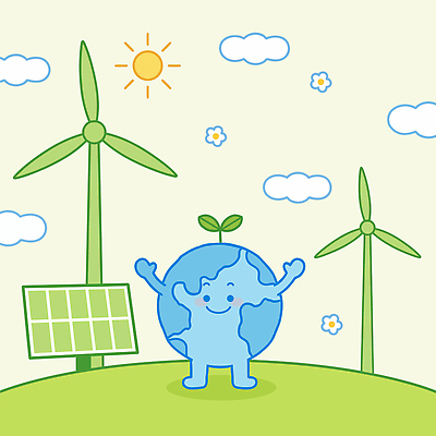 식물 캐릭터 지구 일러스트 자연 하늘 웃음 태양 환경 에너지 풍력에너지 친환경 태양에너지 패널 탄소제로 국내일러스트 AI파일 자연요소 표정 그린에너지 생태계 파일형식 벡터