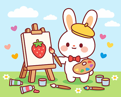 동물 캐릭터 일러스트 놀이 딸기 미술 귀여움 페인트 토끼 붓 색칠 팔레트 그림 캔버스 국내일러스트 AI파일 컨셉 과일 포유류 문화예술 반려동물 파일형식 벡터