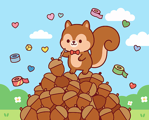 동물 캐릭터 일러스트 자연 귀여움 붓 다람쥐 도토리 마스킹테이프 국내일러스트 AI파일 컨셉 견과류 설치류 생태계 테이프 파일형식 벡터