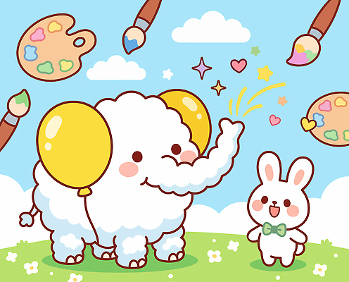 동물 캐릭터 예술 일러스트 상상 놀이 코끼리 친구 물감 토끼 붓 색칠 팔레트 즐거움 그림 풍선 국내일러스트 AI파일 감정 포유류 관계 반려동물 미술도구 파일형식 벡터