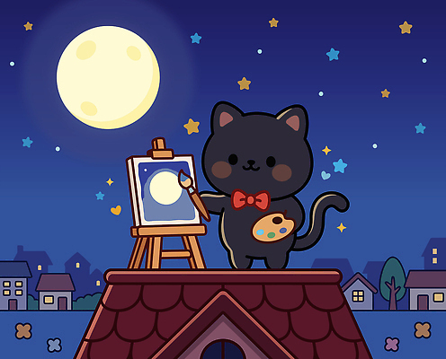 동물 별 예술 일러스트 상상 하늘 지붕 마을 고양이 페인트 달 그리기 밤 그림 캔버스 창작 국내일러스트 AI파일 자연요소 포유류 모션 반려동물 파일형식 벡터
