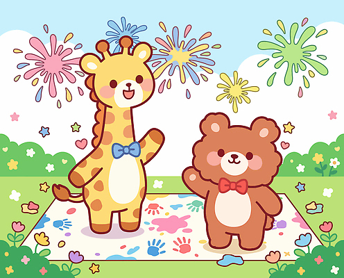 동물 컬러 일러스트 곰 놀이 폭죽 잔디 장식 반짝임 귀여움 축제 매트 기린 즐거움 순간 국내일러스트 AI파일 식물 감정 컨셉 포유류 모션 파일형식 벡터