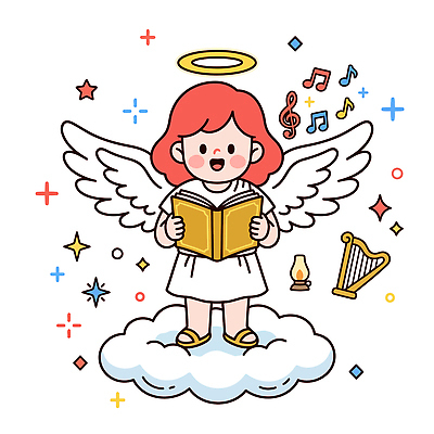 캐릭터 별 어린이 음악 날개 일러스트 노래 천사 소녀 책 읽기 하프 국내일러스트 AI파일 자연요소 여자 모션 현악기 문화예술 사람 파일형식 벡터