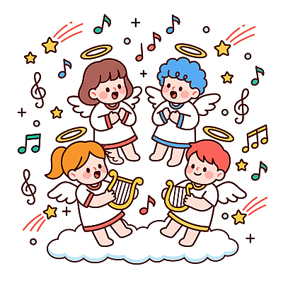 자연요소 감정 음악 현악기 문화예술 표정 사람 파일형식 벡터 남자 여자 어린이 천사 노래 연주 악기 캐릭터 웃음 하프 별 즐거움 일러스트 국내일러스트 AI파일