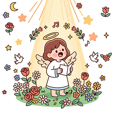 꽃 별 어린이 음표 일러스트 노래 자연 천사 사람 햇빛 정원 비둘기 국내일러스트 AI파일 자연요소 식물 기호 음악 조류 빛 생태계 파일형식 벡터