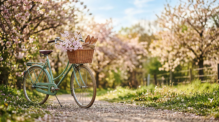 JPG 나무 편집이미지 꽃 길 여행 자연 풍경 햇빛 바구니 자전거 봄 산책 자전거길 꽃길 오후 편집실사 AI컴퓨터그래픽 AI콘텐츠 식물 계절 휴식 빛 바이크 CG 생태계 파일형식