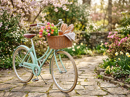 JPG 식물 편집이미지 꽃 빵 자연 햇빛 소풍 바구니 정원 자전거 산책로 튤립 돌길 오후 편집실사 AI컴퓨터그래픽 AI콘텐츠 길 음식 빛 야외활동 바이크 CG 생태계 파일형식