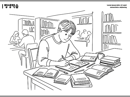 남자 일러스트 여러명 책 학습 독서 연필 공책 자료 공간 기록 도서관 집중 책상 조용 국내일러스트 AI파일 교육 가구 다수 컨셉 문구용품 학용품 사람 필기구 파일형식 벡터