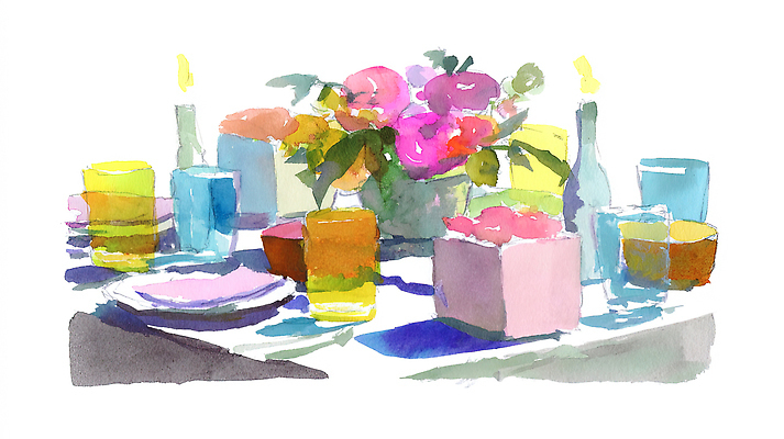 JPG 접시 꽃 음료 일러스트 식탁 탁자 잔 수채화 장식 파티 식사 즐거움 국내일러스트 AI일러스트 AI콘텐츠 식물 식기 감정 가구 이벤트 파일형식