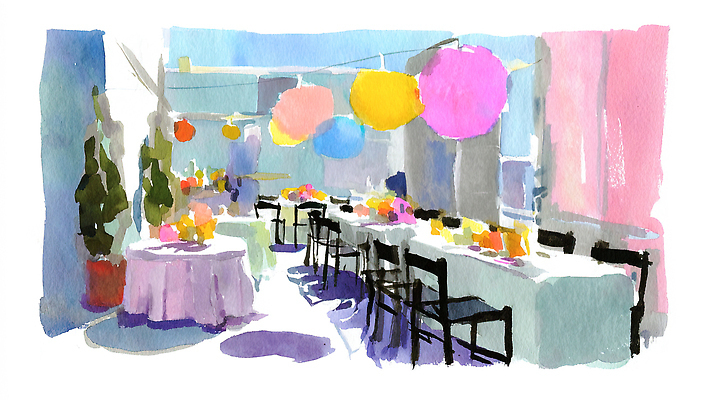 JPG 음식 의자 일러스트 탁자 수채화 이벤트 장식 파티 공간 모임 분위기 즐거움 준비 풍선 국내일러스트 AI일러스트 AI콘텐츠 감정 가구 컨셉 파일형식