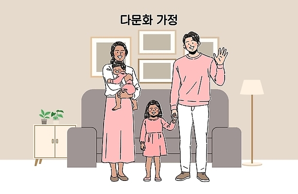딸 행복 문화 어린이 일러스트 가족 엄마 함께함 사랑 웃음 일상 생활 소파 공간 육아 아기 아빠 편안함 다문화 다문화가정 국내일러스트 AI파일 감정 컨셉 의자 관계 표정 사람 라이프 감각 사회이슈 파일형식 벡터