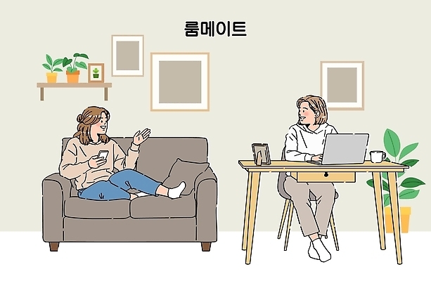 식물 여자 액자 일러스트 실내 대화 일상 생활 친구 노트북 소파 책상 룸메이트 국내일러스트 AI파일 가구 의자 관계 말하기 사람 내부 라이프 전자제품 파일형식 벡터