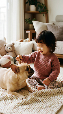 JPG 편집이미지 행복 인형 공 가족 놀이 바닥 웃음 친구 반려동물 귀여움 방 아기 강아지 프렌치불독 의료성형뷰티 편집실사 AI인물포토 AI콘텐츠 동물 감정 컨셉 관계 표정 사람 개 CG 불독 파일형식 AI포토