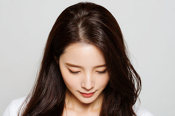 JPG 편집이미지 긴머리 헤어스타일 여자 얼굴 숙이기 미소 머리카락 머리 헤어관리 의료성형뷰티 편집실사 AI인물포토 AI콘텐츠 포즈 표정 사람 신체부위 뷰티 CG 파일형식 AI포토