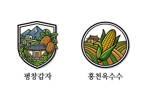 식물 꽃 스티커 농업 일러스트 산 감자 한국 옥수수 농작물 농장 원형 오브젝트 특산물 지역 평창 홍천옥수수 국내일러스트 AI파일 도형 산업 아시아 채소 곡류 강원도 홍천 파일형식 벡터
