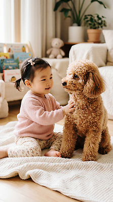 JPG 편집이미지 어린이 가족 털 실내 사랑 웃음 친구 반려동물 귀여움 강아지 즐거움 푸들 의료성형뷰티 편집실사 AI인물포토 AI콘텐츠 동물 감정 컨셉 관계 표정 사람 내부 개 CG 파일형식 AI포토