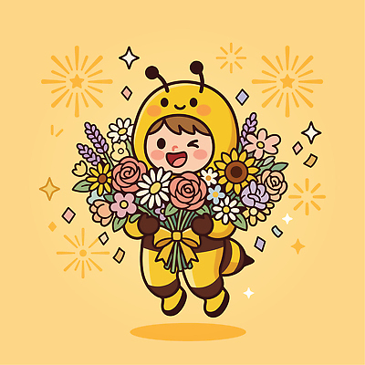 캐릭터 어린이 꽃다발 일러스트 웃음 이벤트 노란색 기쁨 꿀벌 벌 꿀 꿀벌의상 혜택 국내일러스트 AI파일 옷 꽃 감정 컬러 곤충 표정 사람 파일형식 벡터