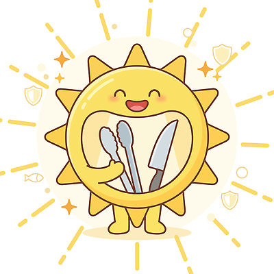 캐릭터 일러스트 주방용품 밝음 웃음 빛 햇빛 태양 칼 주방용집게 국내일러스트 AI파일 자연요소 생활용품 표정 집게 파일형식 벡터