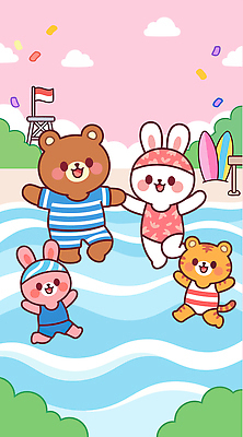 수영복 일러스트 곰 물놀이 수영장 해변 친구 귀여움 봄 토끼 서핑보드 호랑이 즐거움 워터파크 국내일러스트 AI파일 동물 옷 계절 감정 바다 컨셉 포유류 관계 놀이 반려동물 보드 파일형식 벡터