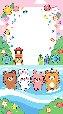 나무 꽃 일러스트 곰 웃음 친구 봄 토끼 물가 서핑보드 호랑이 놀기 워터파크 국내일러스트 AI파일 식물 동물 계절 포유류 관계 모션 수영장 표정 풍경 반려동물 보드 파일형식 벡터