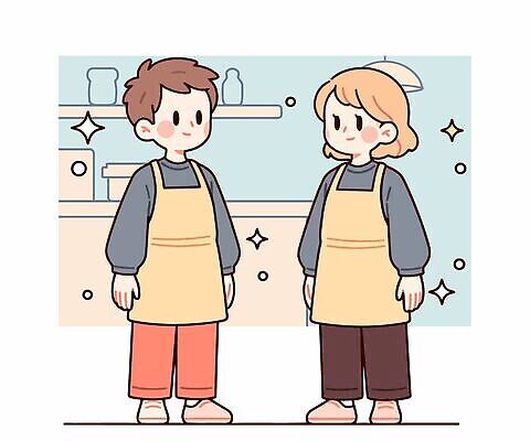 직업 여자 남자 음식 일러스트 협력 대화 요리 일상 주방 앞치마 업무 작업 준비 아르바이트 소통 국내일러스트 AI파일 컨셉 말하기 사람 라이프 파일형식 벡터