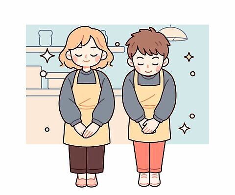 여자 남자 음식 일러스트 친절 요리 웃음 사람 상점 주방 앞치마 인사 서비스 아르바이트 국내일러스트 AI파일 표정 예절 파일형식 벡터