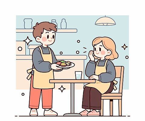 접시 여자 남자 행복 음식 일러스트 탁자 대화 요리 웃음 내부 식당 대기 고객 직원 서비스 아르바이트 국내일러스트 AI파일 식기 감정 가구 표정 말하기 사람 상점 파일형식 벡터