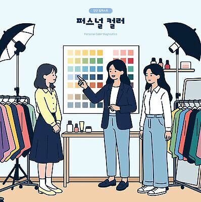패션 컨셉 사람 뷰티 상담 옷가게 파일형식 벡터 뷰티컨설팅 퍼스널컬러 옷 화장품 스타일 쇼핑 여자 피팅룸 선택 코디 고객 전시 일러스트 국내일러스트 AI파일