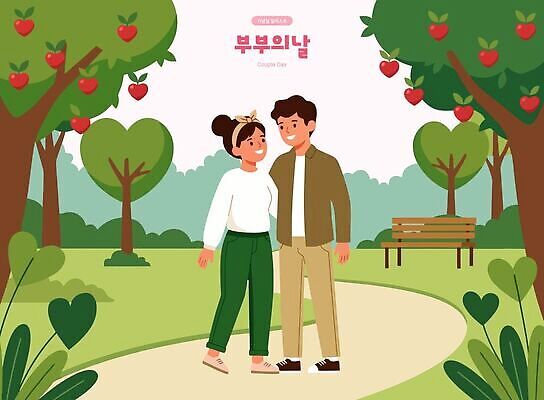 나무 부부 커플 공원 여자 남자 벤치 일러스트 관계 자연 함께함 대화 사랑 웃음 산책 로맨틱 즐거움 소통 부부의날 국내일러스트 AI파일 식물 공공시설 기념일 감정 컨셉 의자 휴식 표정 말하기 사람 생태계 파일형식 벡터