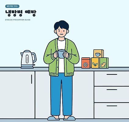 남자 커피 음료 음식 티셔츠 일러스트 주방용품 건강 생활 여름 주방 차 준비 예방 냉방병 차마시기 국내일러스트 AI파일 계절 생활용품 셔츠 사람 마시기 질병 파일형식 벡터