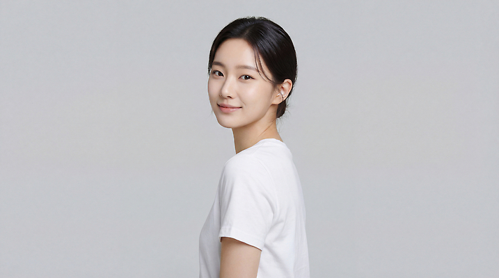 JPG 편집이미지 옷 여자 티셔츠 웃음 옆모습 흰색 의료성형뷰티 스타일 편집실사 AI인물포토 AI콘텐츠 뷰포인트 컬러 셔츠 표정 사람 CG 파일형식 AI포토 상의
