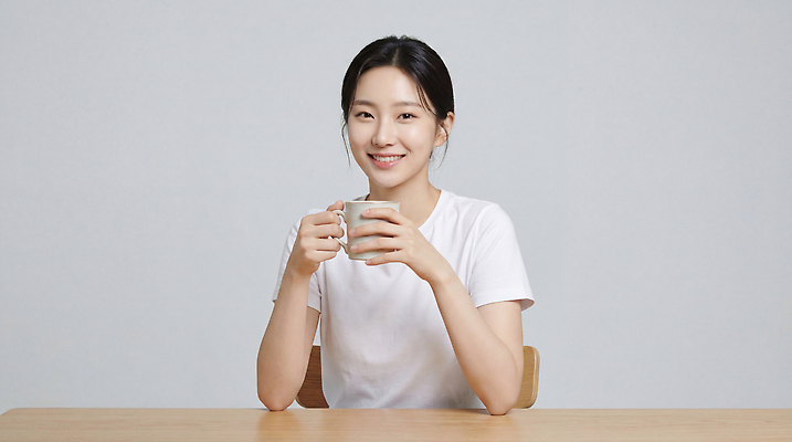 JPG 편집이미지 손 여자 커피 탁자 잔 밝음 미소 회색 편안함 의료성형뷰티 편집실사 AI인물포토 AI콘텐츠 식기 음료 컬러 가구 표정 사람 신체부위 감각 CG 파일형식 AI포토