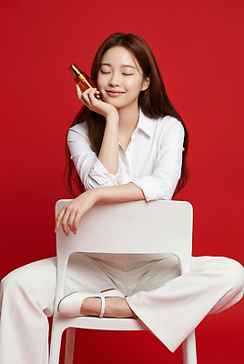 JPG 모델 편집이미지 옷 여자 포즈 미소 앉기 뷰티 촬영 화장품 흰색 상품 피부관리 상업 스킨케어 빨간배경 의료성형뷰티 편집실사 AI인물포토 AI콘텐츠 컬러 백그라운드 모션 표정 사람 빨간색 CG 파일형식 AI포토