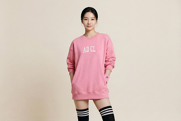 JPG 모델 편집이미지 옷 여자 패션 분홍색 포즈 스튜디오 캐주얼 촬영 줄무늬 주머니 니삭스 의료성형뷰티 스타일 편집실사 AI인물포토 AI콘텐츠 컬러 무늬 양말 사람 CG 파일형식 AI포토