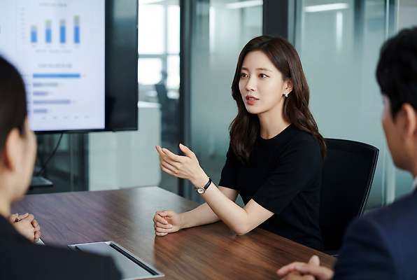 JPG 편집이미지 여자 비즈니스 회의 커뮤니케이션 그래프 대화 사무실 직장인 발표 프레젠테이션 분석 회의실 서류판 의료성형뷰티 편집실사 AI인물포토 AI콘텐츠 직업 컨셉 말하기 사람 사무용품 CG 파일형식 AI포토 모션 문구용품 오브젝트