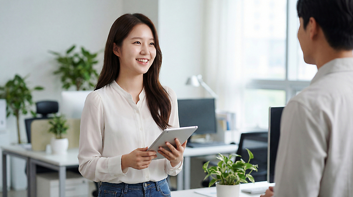 JPG 식물 편집이미지 여자 남자 직장 대화 웃음 여러명 컴퓨터 태블릿 사무실 공간 업무 의견 소통 의료성형뷰티 편집실사 AI인물포토 AI콘텐츠 다수 컨셉 회사 비즈니스 표정 말하기 사람 전자제품 스마트기기 작업 CG 파일형식 AI포토 모션