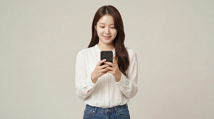 JPG 편집이미지 옷 여자 행복 인터넷 기술 실내 표정 일상 스마트폰 청바지 블라우스 소통 의료성형뷰티 편집실사 AI인물포토 AI콘텐츠 감정 컨셉 상의 바지 사람 내부 라이프 핸드폰 스마트기기 CG 파일형식 AI포토 하의 생활 전자제품