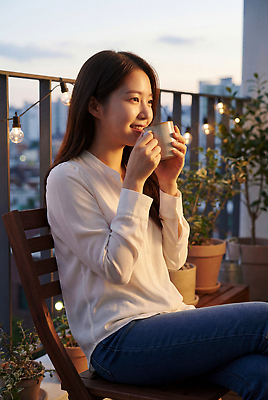 JPG 편집이미지 여자 화분 하늘 조명 앉기 마시기 발코니 도시 저녁 편안함 즐거움 의료성형뷰티 편집실사 AI인물포토 AI콘텐츠 감정 모션 사람 감각 밤 야간 CG 파일형식 AI포토