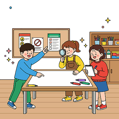 학생 교육 종이 일러스트 교실 협력 색연필 실험 대화 소녀 소년 친구 학습 작업 즐거움 그림 만들기 확대경 어린이보호구역 국내일러스트 AI파일 여자 남자 감정 어린이 학교 관계 모션 학용품 말하기 보호구역 파일형식 벡터 문구용품 사람 구역 오브젝트