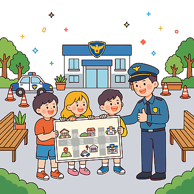 교육 도로 어린이 지도 일러스트 커뮤니케이션 소녀 소년 야외 친구 경찰 즐거움 안전교육 친목 경찰서 어린이보호구역 주거지 국내일러스트 AI파일 직업 여자 남자 감정 길 관계 교통시설 안전 사람 보호구역 파일형식 벡터
