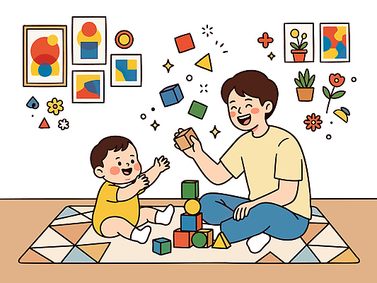 남자 꽃 화분 일러스트 가족 놀이 함께함 실내 웃음 장식 쌓기 블록 방 아기 아빠 그림 육아일기 육아대디 국내일러스트 AI파일 식물 컨셉 관계 모션 표정 사람 내부 육아 파일형식 벡터